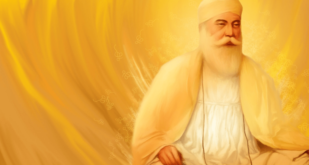 Guru Nanak depicted in golden light symbolizing unity compassion Sikh tradition