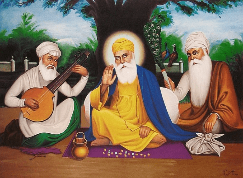 Guru Nanak with companions illustrating the three pillars of Sikhism