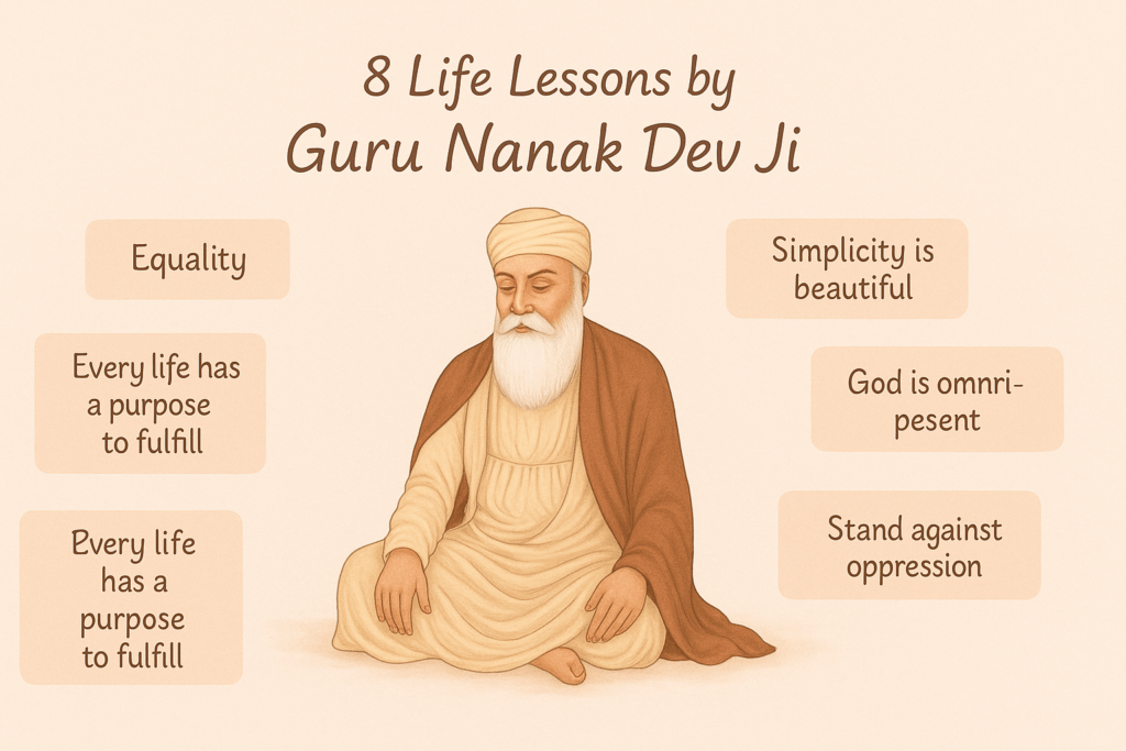 Guru Nanak Dev Ji illustration highlighting core Sikh teachings and life lessons