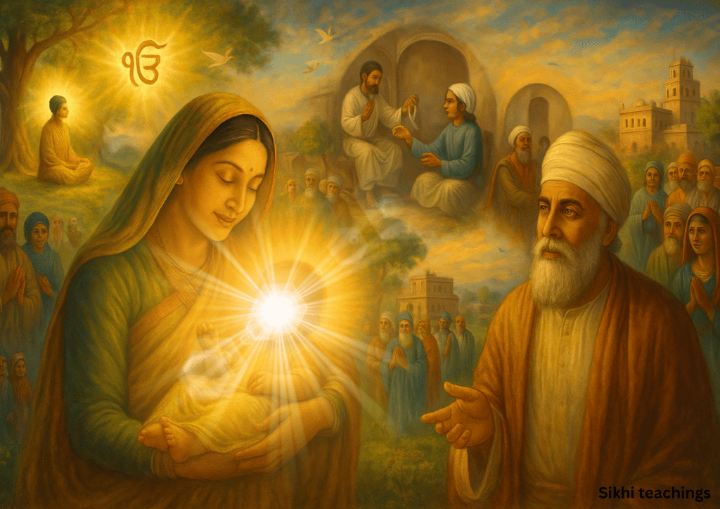 Symbolic Sikh artwork showing divine light, unity, remembrance, and spiritual guidance