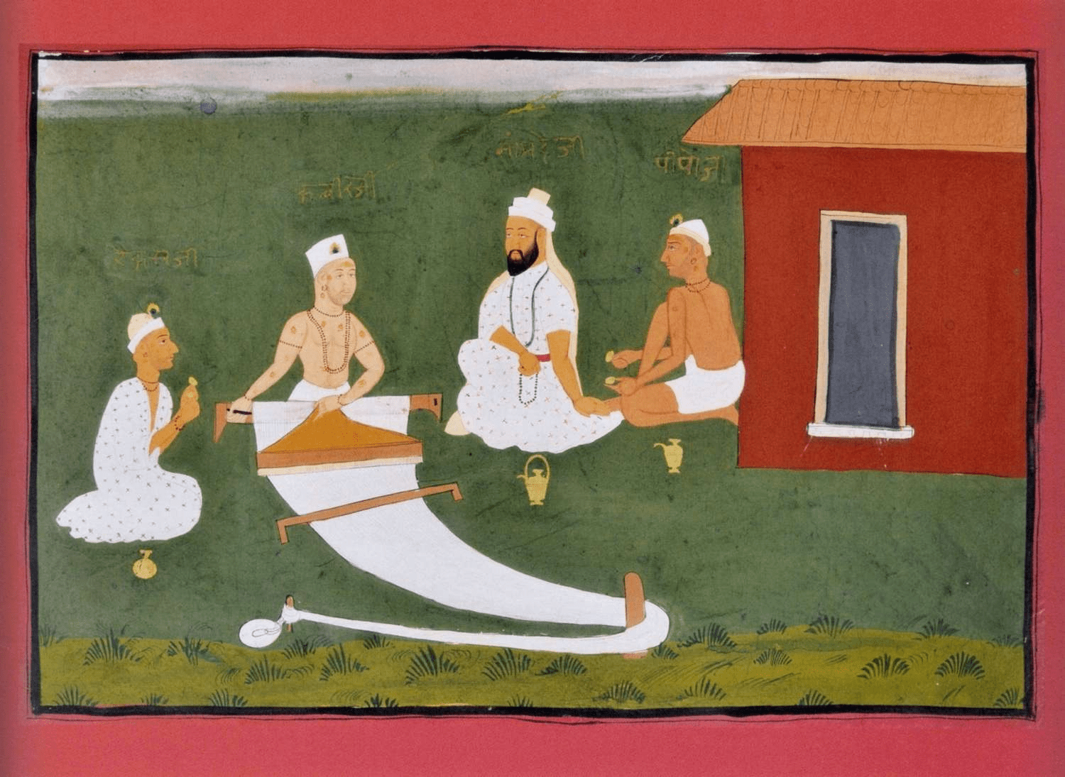 Sant Kabir Das depicted in a traditional painting alongside other Bhakti saints, reflecting his role as a weaver-poet who challenged rituals and emphasized inner truth.