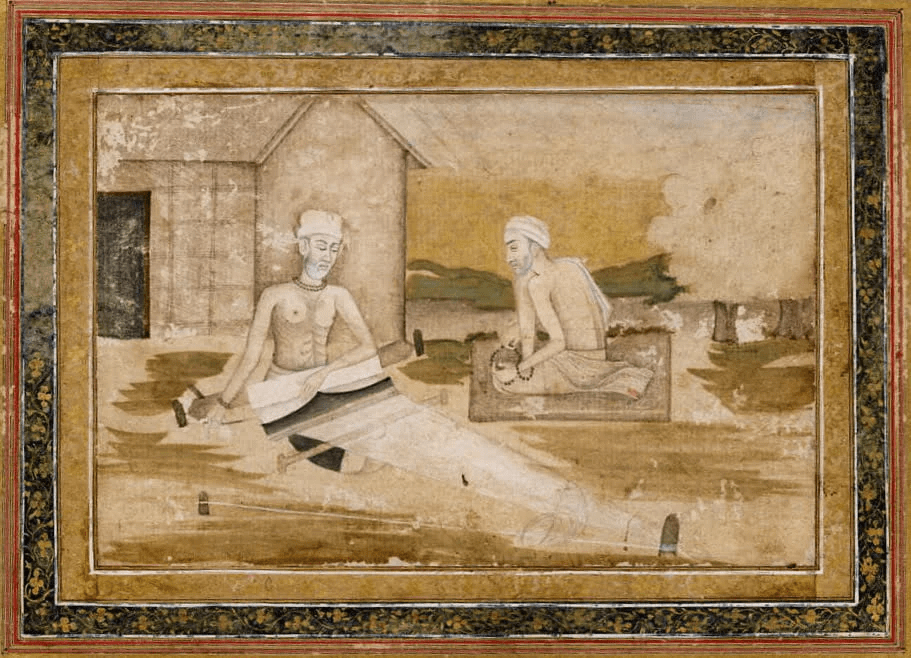Sant Kabir Das engaged in weaving on a loom, accompanied by Saint Ravidas, symbolizing his grounded life of honest labor amid spiritual insight in 15th-century India.