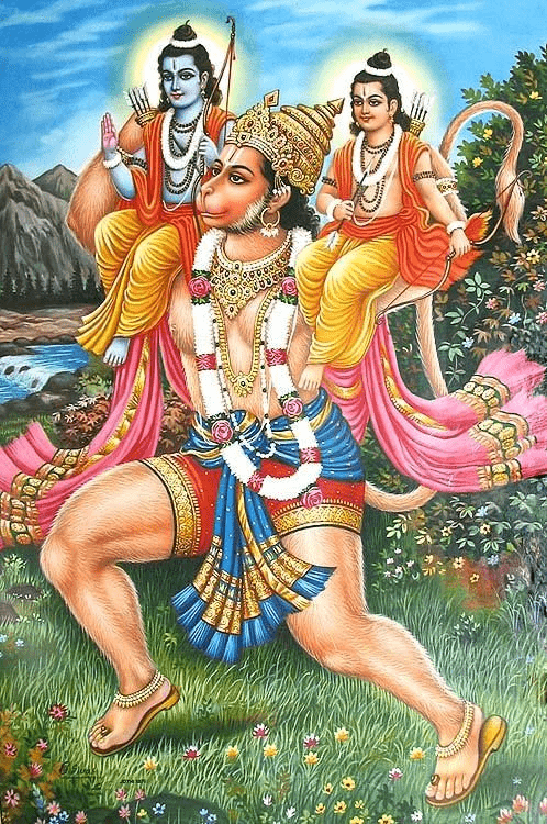 Artistic depiction of Lord Hanuman carrying the Sanjeevani mountain illustrating service and devotion.