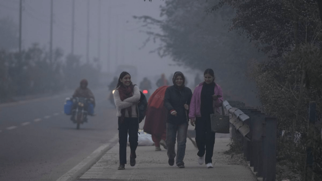 Commuters and vehicles moving slowly through heavy winter fog in North India.
