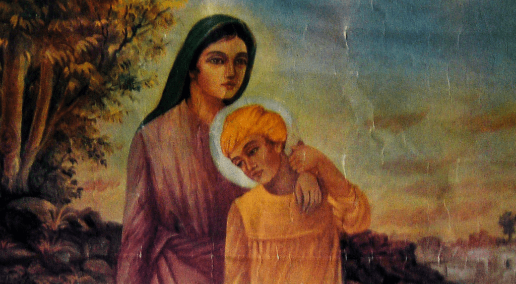 Bebe Nanaki guiding young Guru Nanak in early Sikh history