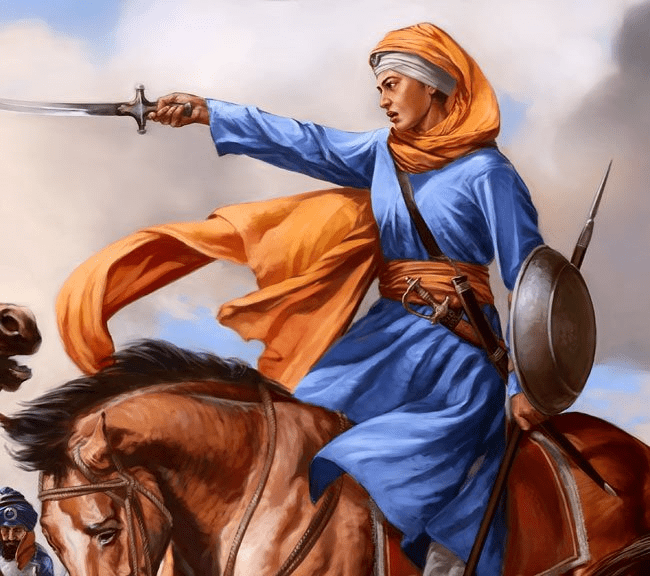 Sikh woman warrior riding horse symbolizing courage spiritual equality and leadership