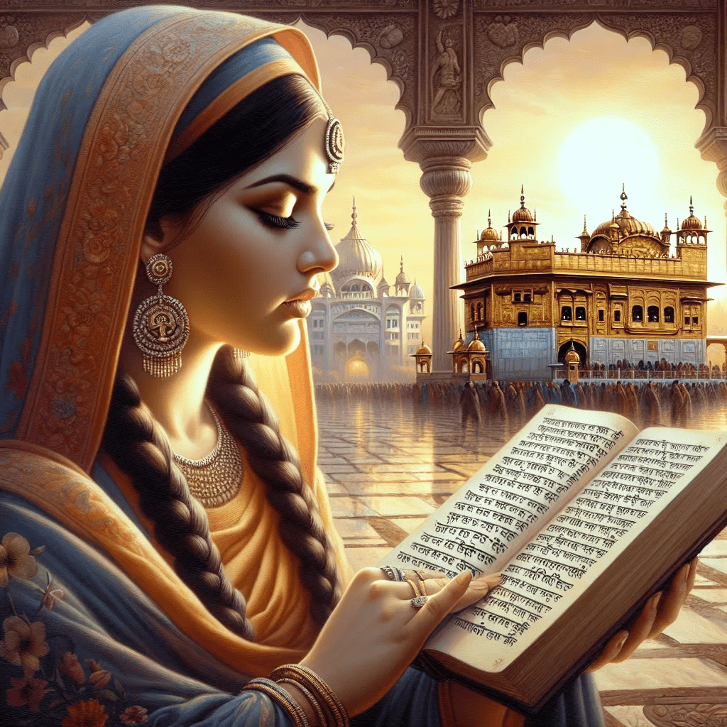 Sikh woman reading Guru Granth Sahib symbolizing spiritual leadership and religious authority