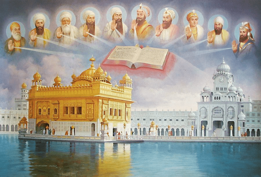 Golden Temple illustration with Guru-Granth-Sahib above, showing Sikhs’ universal spiritual guide worldwide.