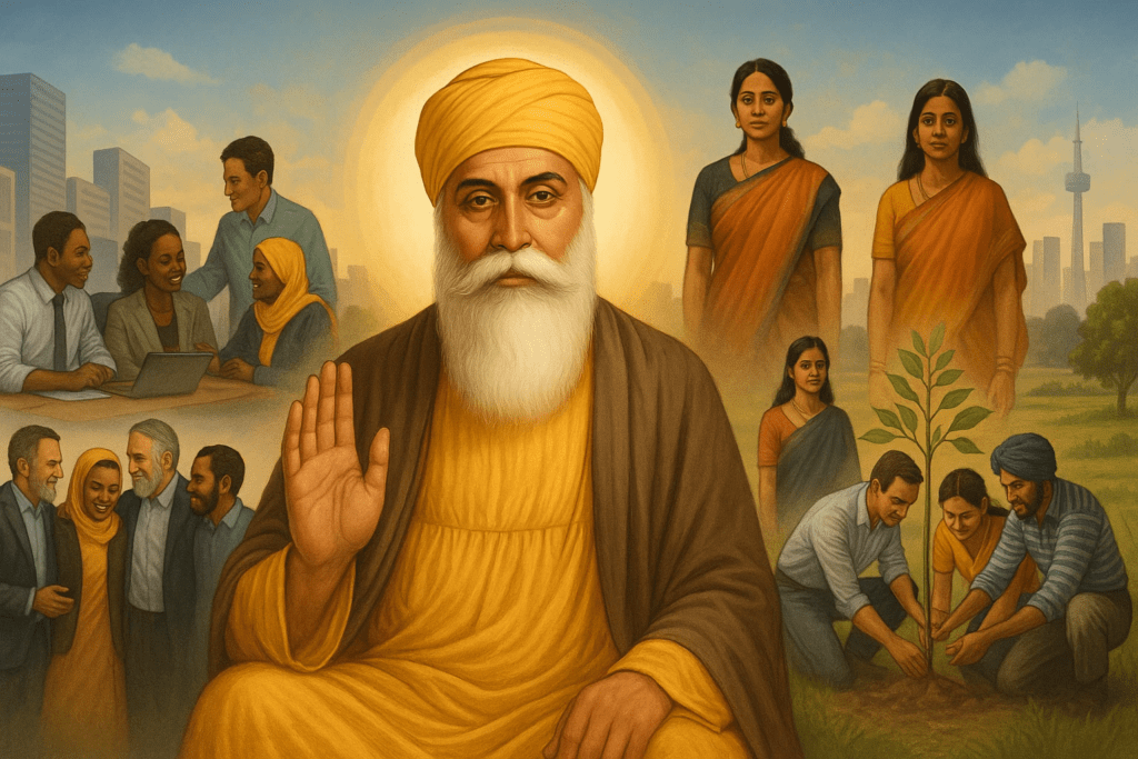Guru Nanak blessing humanity symbolizing unity equality and the truth all are one