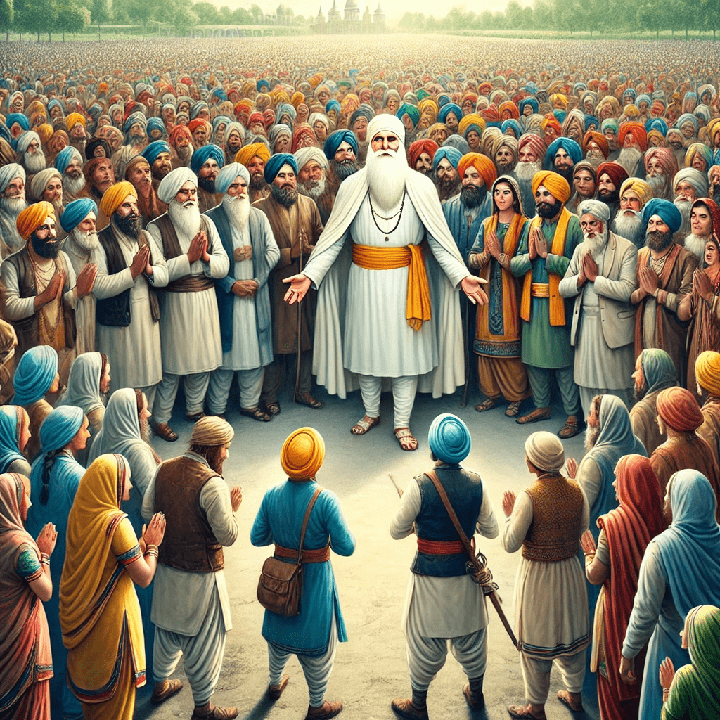 Guru Nanak among people symbolizing equality collective care and social justice