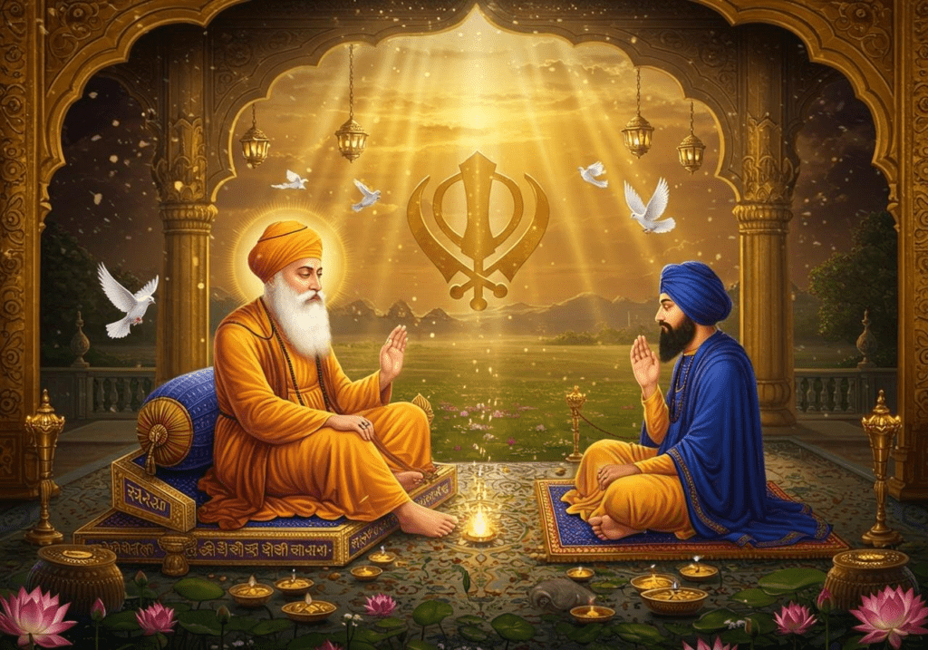 Guru Nanak teaching inner peace linking spiritual balance with harmony in nature