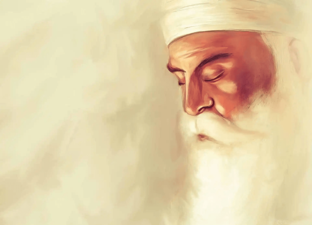 Reflective portrait of Guru Nanak symbolizing moral challenges and return to harmony