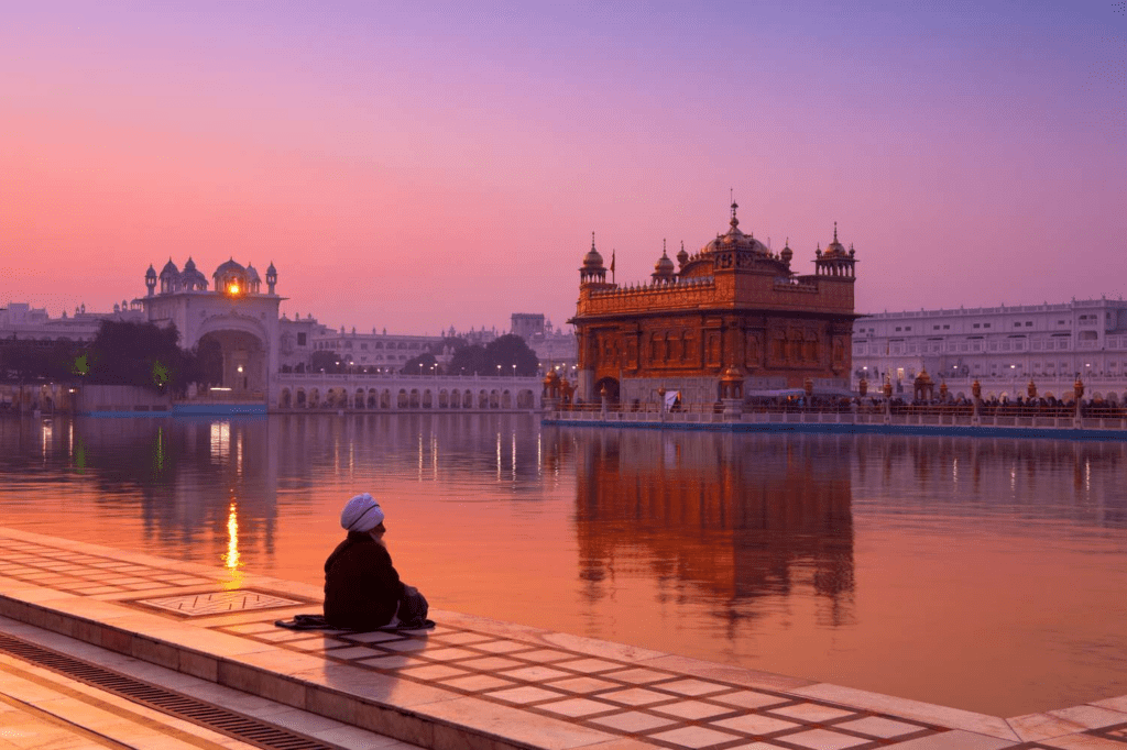 Morning meditation near Golden Temple expressing Sikh spirituality and inner balance