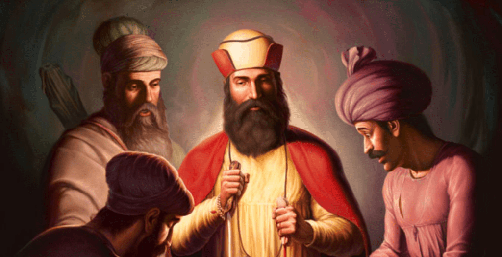 Traditional Sikh art painting of Guru Nanak Dev Ji, representing the guiding teachings and navigation for the soul's elevated journey.