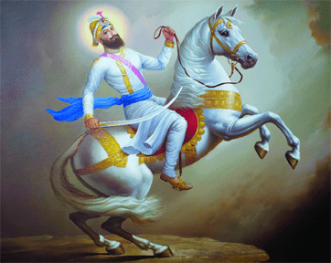 Traditional painting of Guru Gobind Singh Ji, embodying the ethical legacy of standing against injustice with courage and moral responsibility.