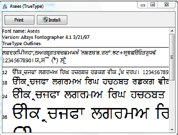 Step-by-step screenshot of installing a Punjabi .TTF font on Windows, showing the right-click install process for easy setup.
