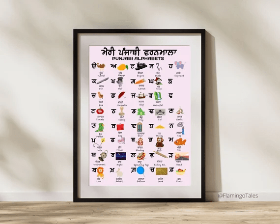 Beginner's Punjabi alphabet learning poster, guiding step-by-step mastery of Gurmukhi varnmala letters and sounds.
