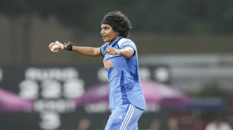 Portrait of Nallapureddy Shree Charani, the young left-arm spinner from Andhra Pradesh, celebrating her role in India's 2025 Women's Cricket World Cup victory.
